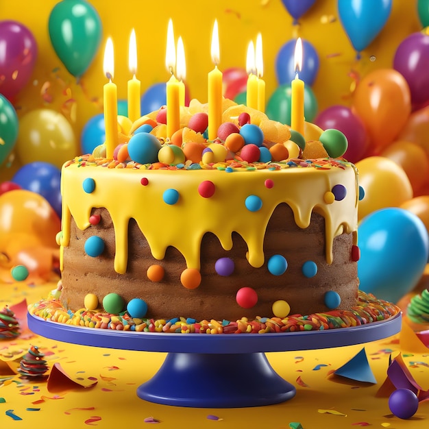 bolo de aniversário com velas queimadas em fundo amarelo com balões e confeti.