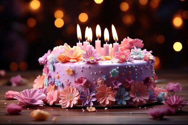 bolo de aniversário com velas queimadas na mesa em close de fundo desfocado