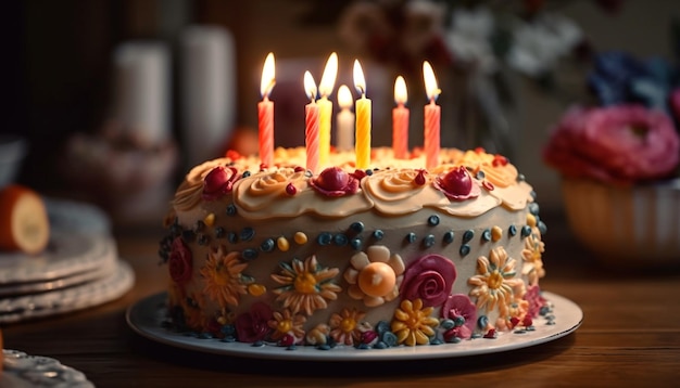 Bolo de aniversário de chocolate assado com cobertura de morango gerado por IA