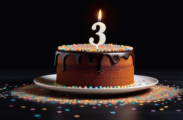 bolo de aniversário de chocolate com cobertura acesa vela em forma de número três em fundo preto