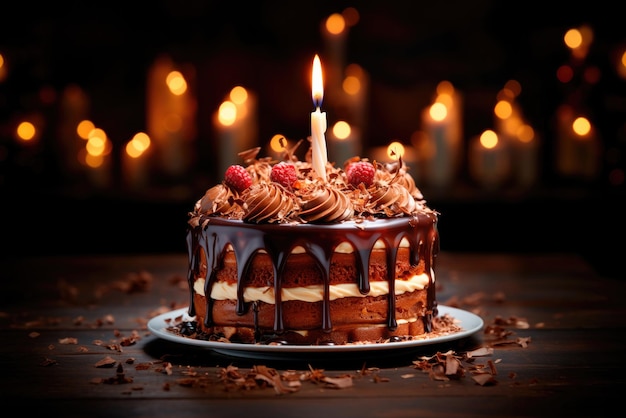 bolo de aniversário de chocolate com uma vela na mesa festiva