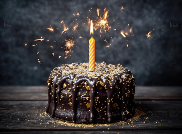 Bolo de aniversário de chocolate com velas douradas