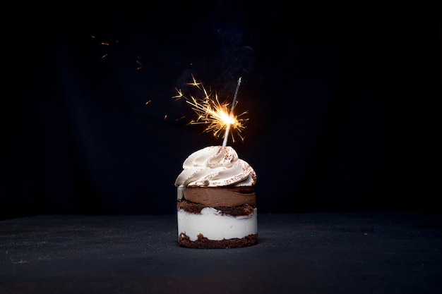 Bolo de aniversário de chocolate e framboesa com diamante em fundo escuro.