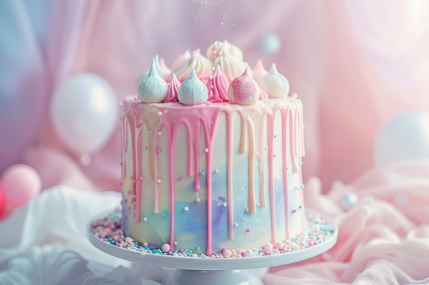 bolo de aniversário de cor pastel com glasura de gotejamento IA geradora