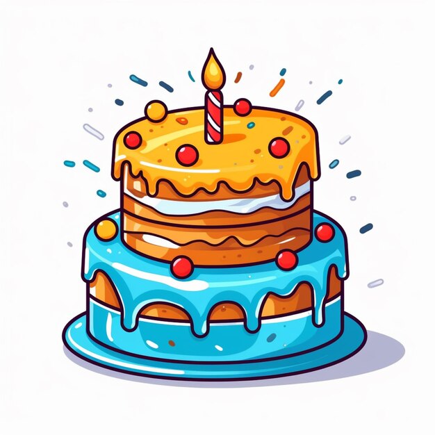 bolo de aniversário de desenho animado com vela e salpicaduras no topo