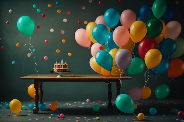 Bolo de aniversário de festa de celebração com balões coloridos Generative AI