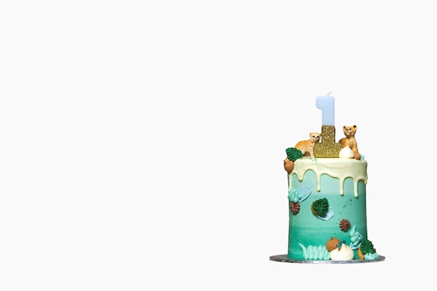 Bolo de aniversário de um ano isolado em fundo branco bolo de aniversário decorativo festa de um ano feliz aniversário