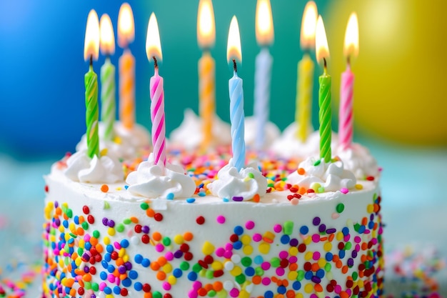 Foto bolo de aniversário decorado com polvilhas coloridas e dez velas