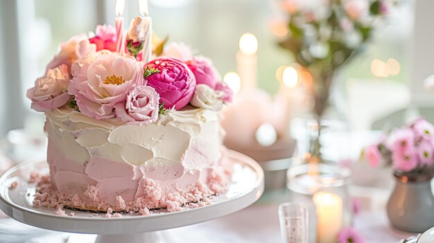 bolo de aniversário decorado com velas e flores na mesa festiva foco seletivo