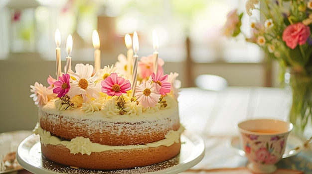bolo de aniversário decorado com velas e flores na mesa festiva foco seletivo