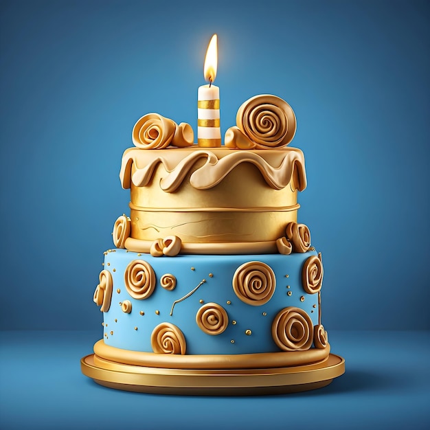 Bolo de aniversário dourado de desenho animado em fundo azul