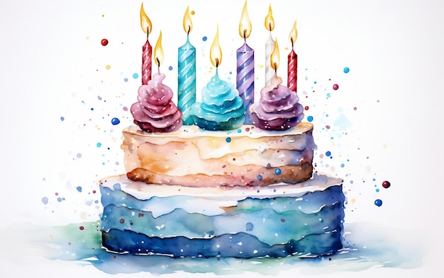 Bolo de aniversário em aquarela com velas acesas Generative Ai