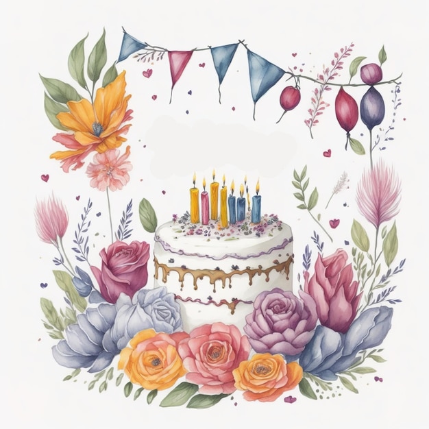 Bolo de aniversário em aquarela com velas e um banner para uma festa de aniversário.