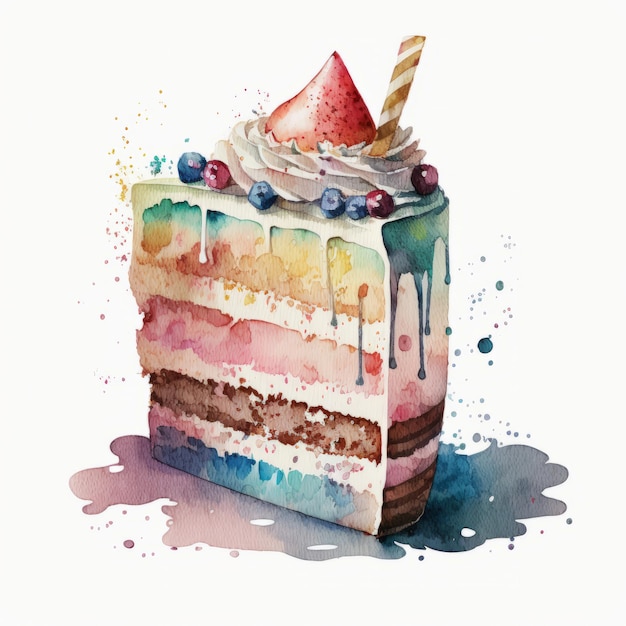 Bolo de aniversário em aquarela isolado Ilustração AI GenerativexA