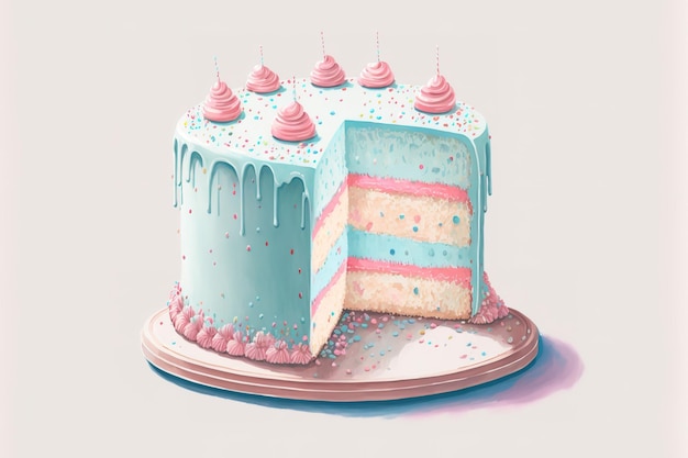 Foto bolo de aniversário em azul pastel com granulado rosa em um fundo branco