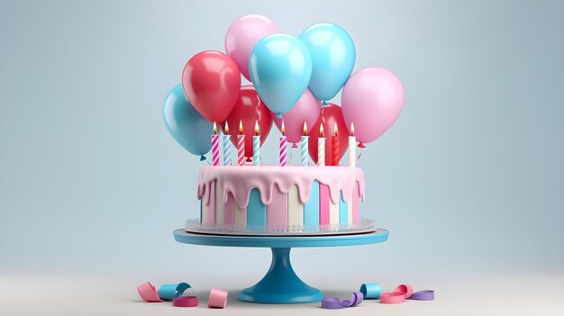 bolo de aniversário em estilo minimalista moderno com velas e balões em um fundo pálido