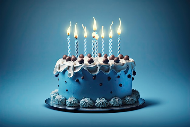 Bolo de aniversário festivo com velas em um fundo azul