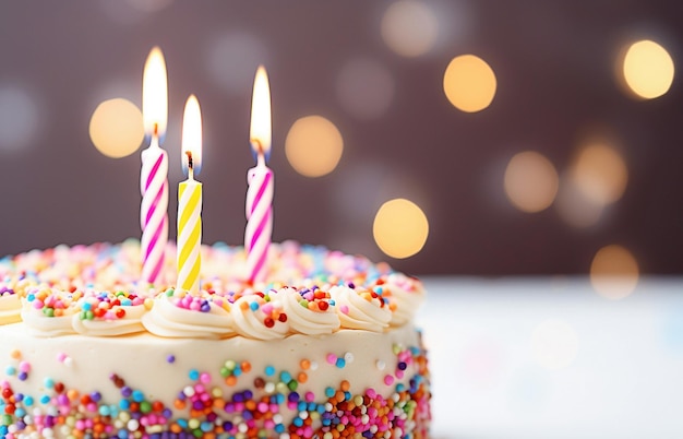 Bolo de aniversário generativo Ai decorado com granulado colorido e velas em fundo pastel claro