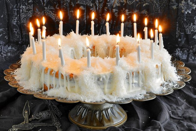 Foto bolo de aniversário ou de férias com velas queimadas em um azul