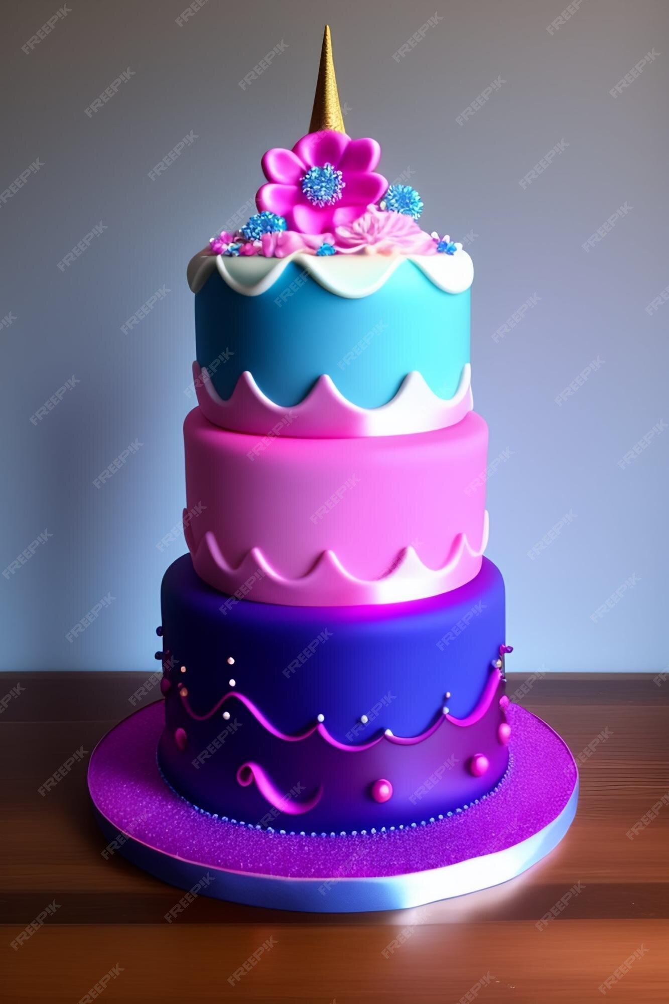 Bolo de aniversário princesa inverno azul rosa roxo com 1