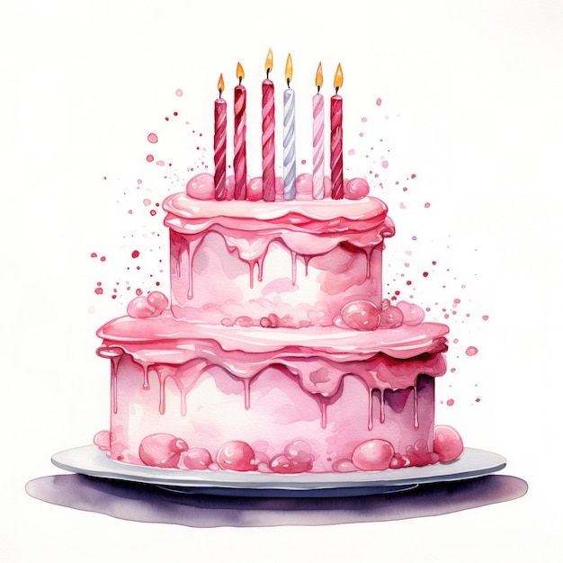 bolo de aniversário rosa aquarela com velas isoladas