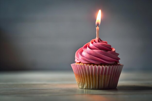 bolo de aniversário rosa com primeira vela com espaço de cópia