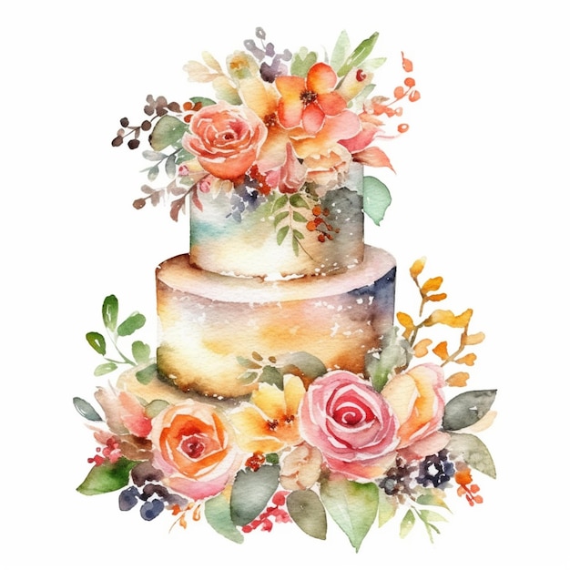 Bolo de aquarela com flores em um fundo branco