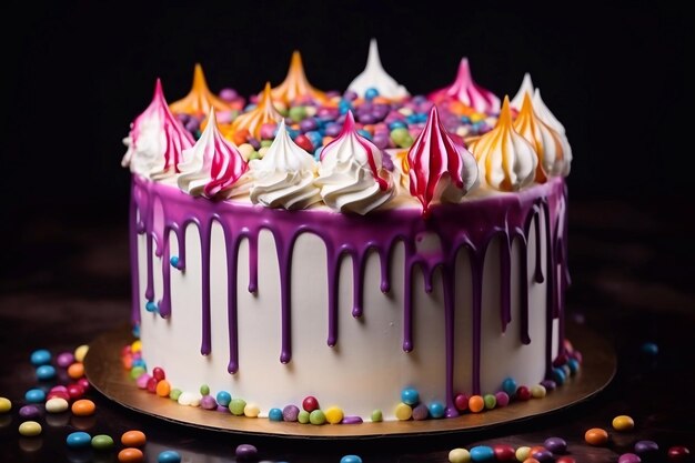 bolo de arco-íris com topo de creme batido no fundo cinza escuro bolo de aniversário com creme multicolorido