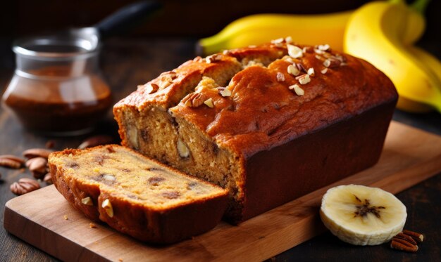 Bolo de banana com amêndoas e rodelas de banana numa tábua de madeira