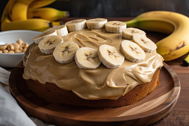 Foto bolo de banana com cobertura de manteiga de amendoim e banana fatiada