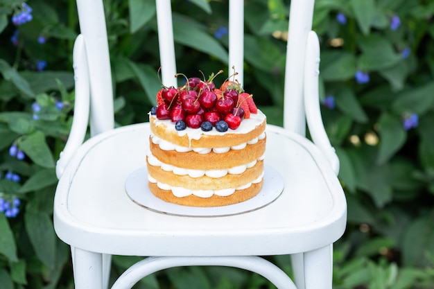 Bolo de biscoito caseiro de verão com frutas frescas e creme no jardim