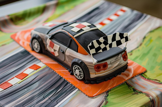 bolo de carro com desenho de bandeira a xadrez em uma toalha de mesa com tema de pista de corrida