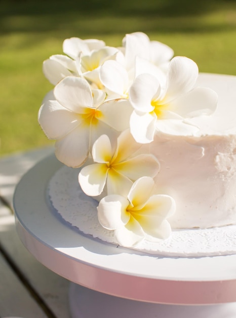 Bolo de casamento branco com frangipani