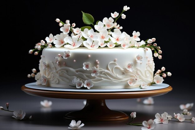 bolo de casamento coberto com cobertura branca e decorado com flores