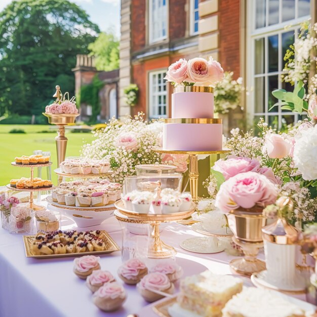 Bolo de casamento com celebração de festa de decoração floral e catering de sobremesa de férias em um jardim rural pós-processado generativo ai