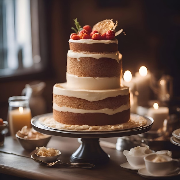 bolo de casamento com creme e morangos em uma mesa de madeira