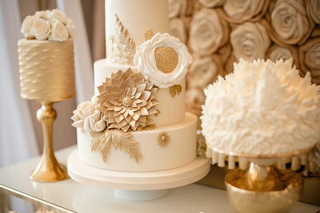 Foto bolo de casamento com detalhes de flores em uma mesao que significa bolo de casamento