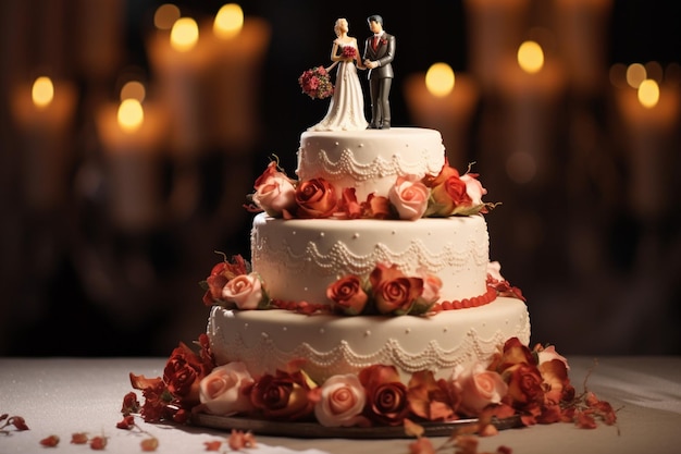 bolo de casamento com estatueta de recém-casados