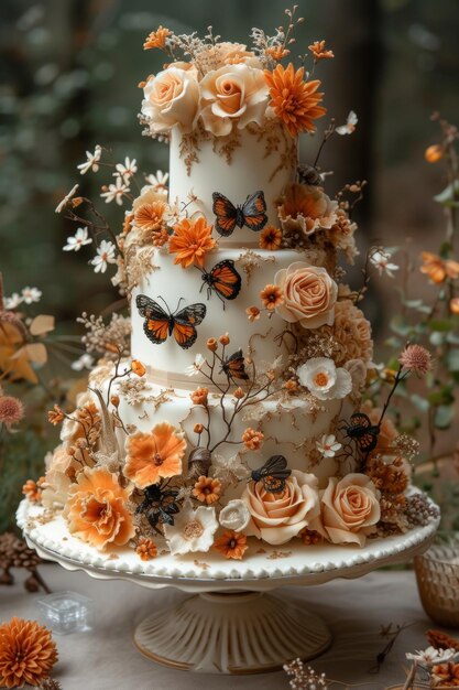 bolo de casamento com flores de laranja e borboletas na mesa