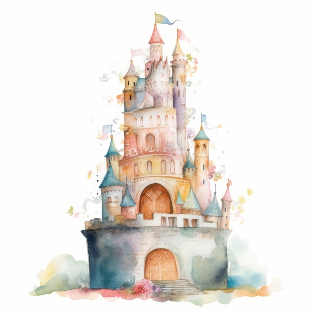 Bolo de casamento com tema de castelo em aquarela, fundo branco único gerado por IA