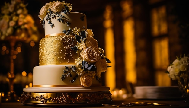 Bolo de casamento de luxo, design exclusivo de alta qualidade, bolo premium multicamada profissional lindamente decorado como sobremesa principal para requintada celebração de casamento Generative Ai