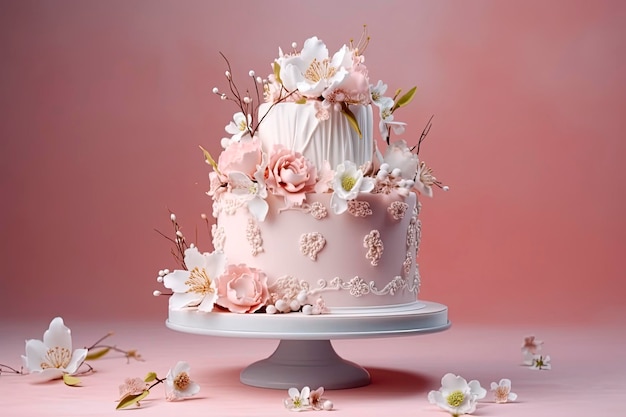 Bolo de casamento decorado com flores e folhas em um fundo rosa Generative AI