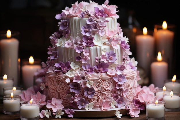 Bolo de casamento decorado com flores exuberantes generativas IA