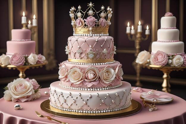 Bolo de casamento decorado com rosas e coroa de ouro na mesa ai generativa