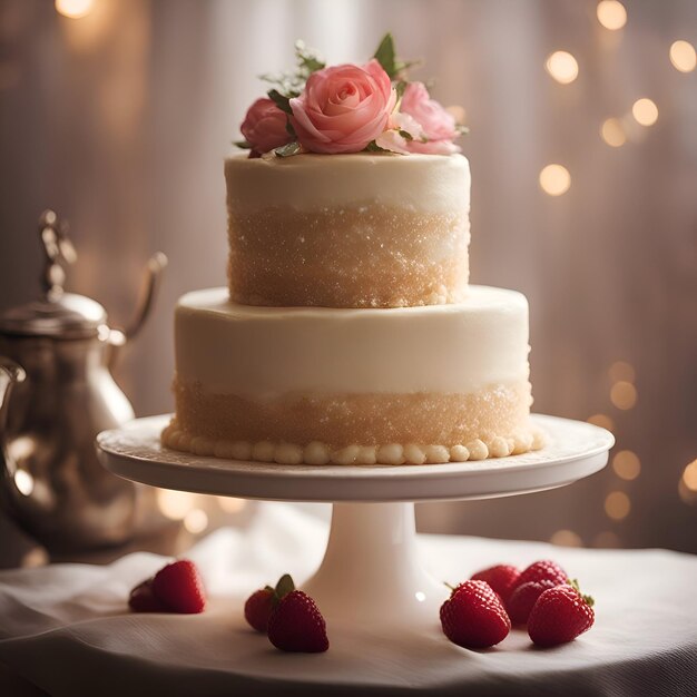 bolo de casamento decorado com rosas e morangos em um fundo claro