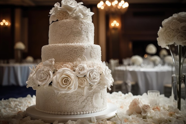 bolo de casamento elegante coberto com rosas açucaradas generativo IA