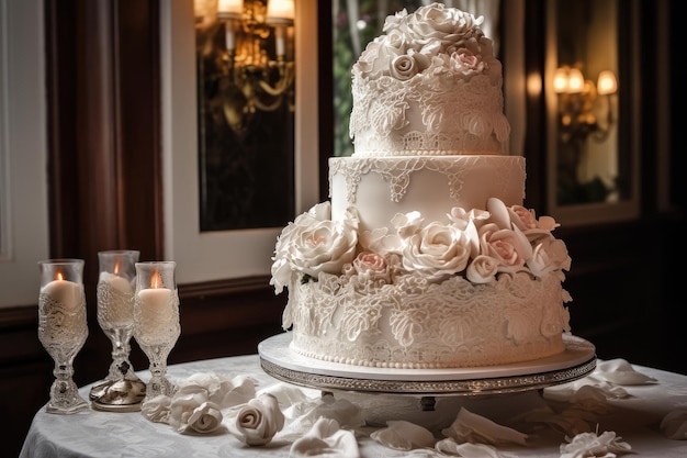 bolo de casamento elegante coberto com rosas açucaradas generativo IA