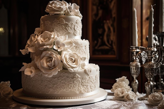 bolo de casamento elegante coberto com rosas açucaradas generativo IA