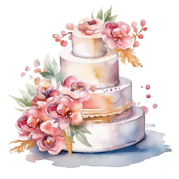 Bolo de casamento em aquarela com flores Ilustração AI GenerativexA