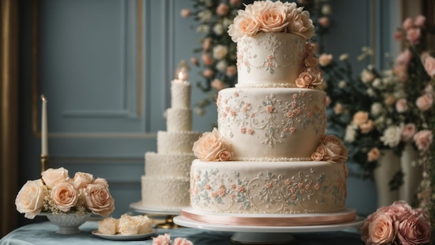 bolo de casamento em camadas decorado com flores